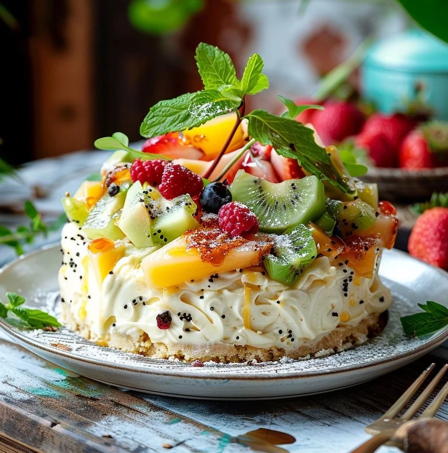 Delicious Hawaiian Cheesecake Salad featuring tropical fruits and creamy cheesecake.