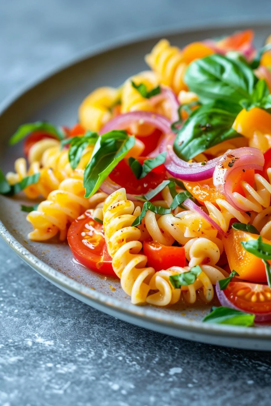 Colorful Italian pasta salad with fresh vegetables and dressing