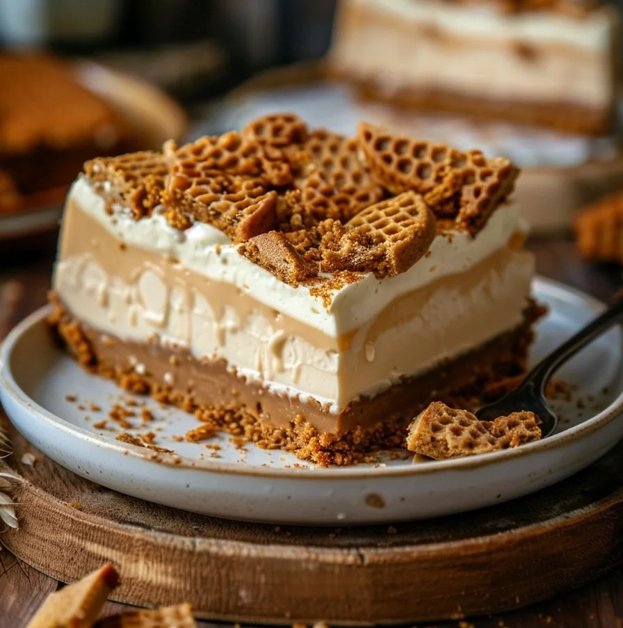 Delicious Lotus Biscoff Cheesecake topped with caramel and Biscoff cookies
