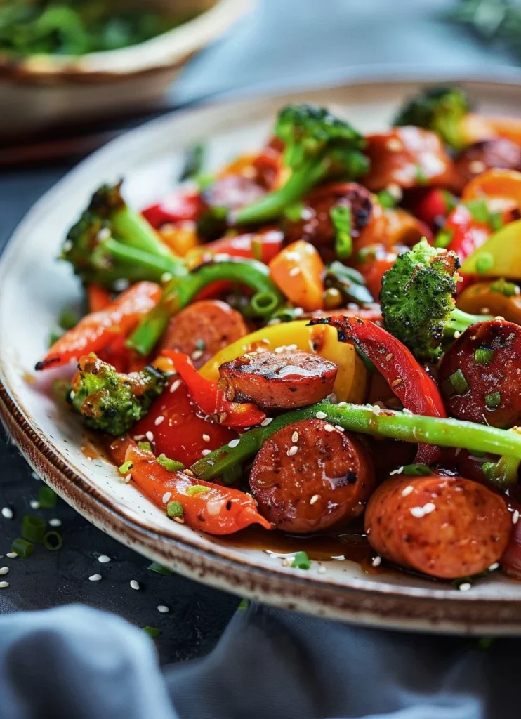 One-Pan Honey Garlic Kielbasa with colorful veggies ready to serve