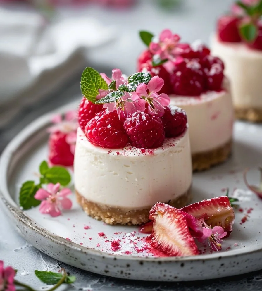 Rhubarb Cheesecake Bombs topped with fresh rhubarb and crumbly crust.