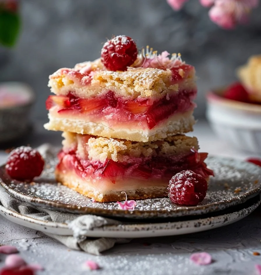 Freshly baked rhubarb shortbread bars on a wooden table