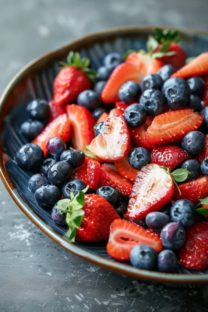 Vibrant Strawberry Blueberry Salad with fresh greens and a drizzle of dressing