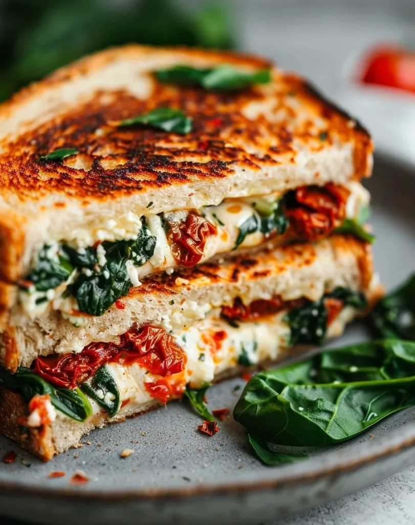 Sun-Dried Tomato, Spinach, and Ricotta Grilled Cheese sandwich on a plate