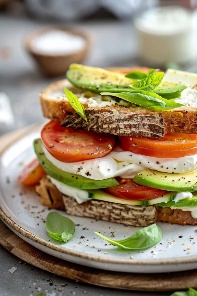 Tomato Avocado Sandwich with creamy yogurt dressing on a wooden platter