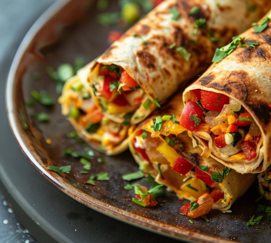 Colorful vegetable tortilla roll ups with fresh ingredients and vibrant toppings