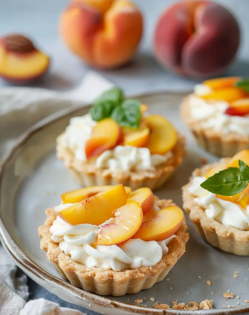 Mini Peach and Cream Cheese Tarts topped with fresh peaches and a creamy filling
