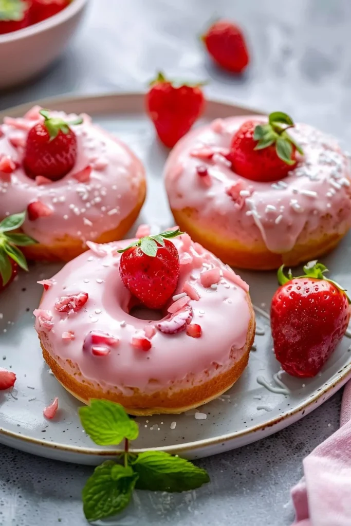 Delicious strawberry cake donuts topped with fresh strawberries and icing