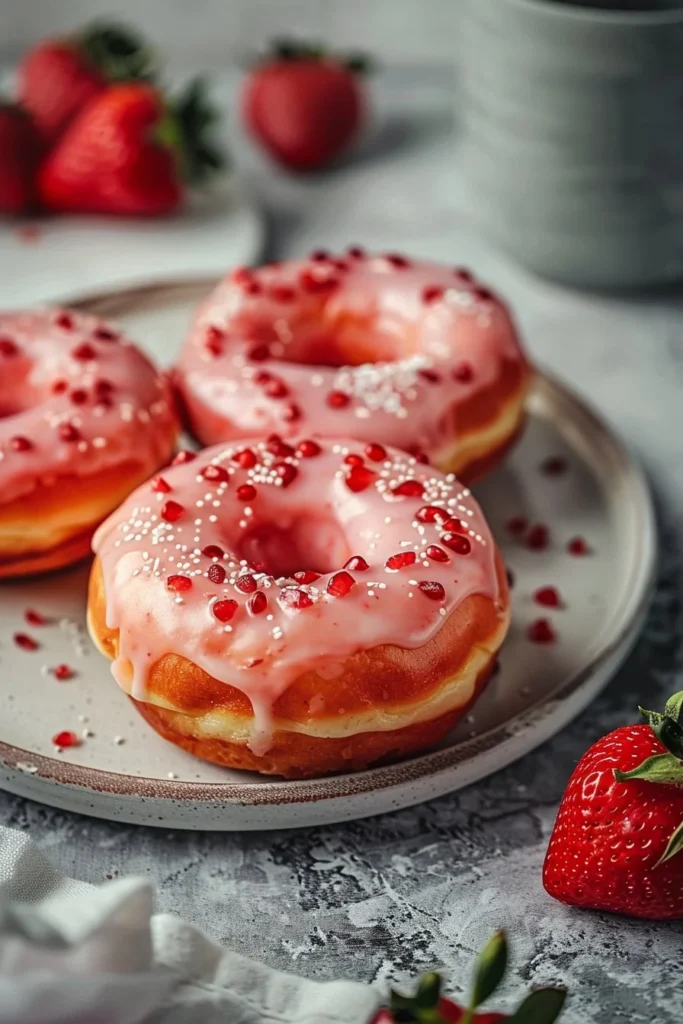 Freshly baked strawberry glazed donuts topped with vibrant pink icing.