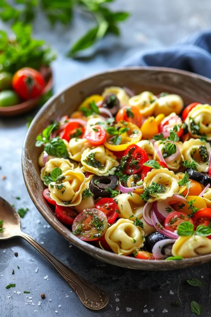 Delicious Tortellini Pasta Salad with fresh vegetables and dressing